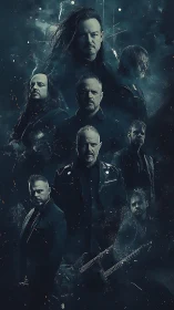 Metal band portrait in layered cinematic teal smoke composition.