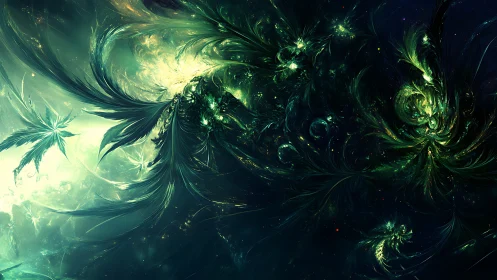 Swirling emerald cosmos unfurls delicate feathered light