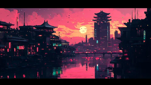 Neon riverside skyline glows beneath a cyberpunk sunset.