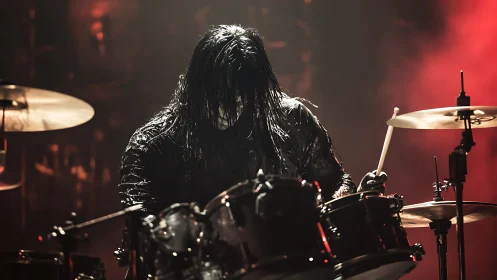Heavy metal drummer pounds drums under red stage lights.