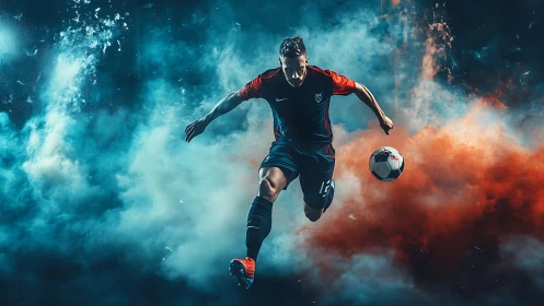 Explosive soccer action amid blue and orange stadium smoke.