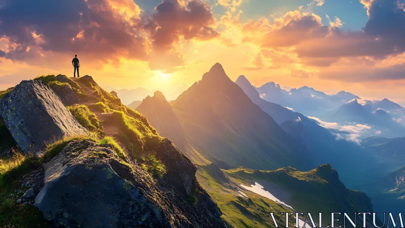 Solitary hiker on radiant alpine ridge at sunset panorama.
