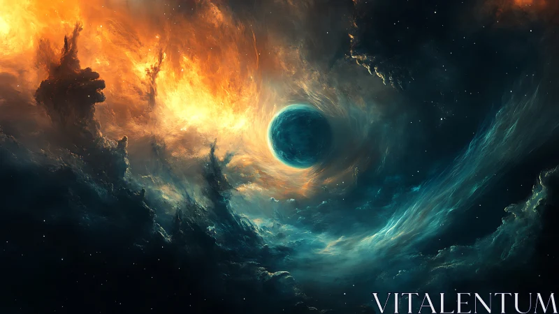 Distant blue planet within swirling cosmic nebula clouds.