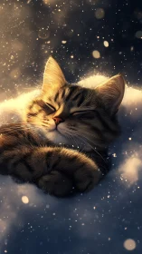 Sleeping Tabby Cat Among Glowing Particles and Clouds