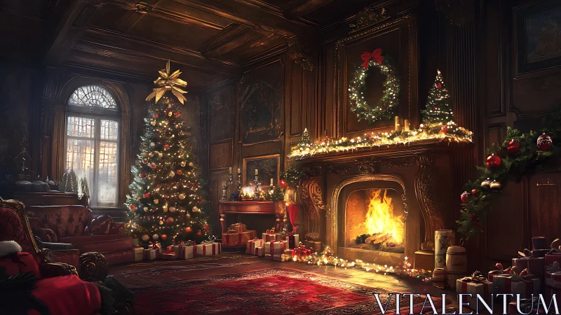 Grand Christmas salon glows with fireplace and tree