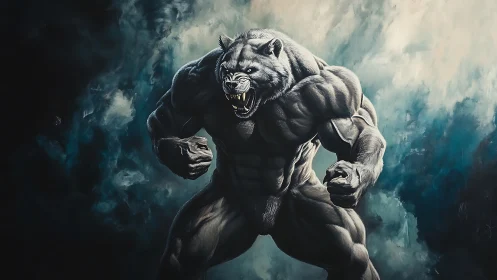 Ferocious werewolf titan roaring amid stormy teal haze.