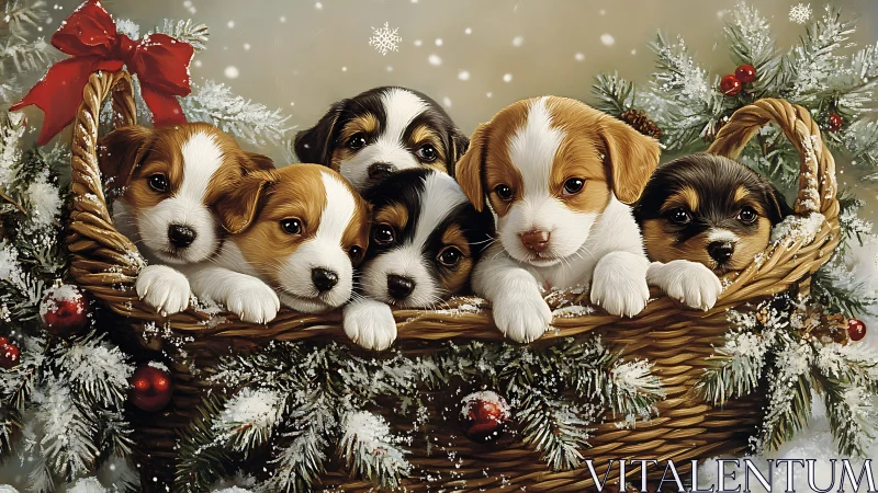 Cozy basket of holiday puppies bringing gentle seasonal joy.