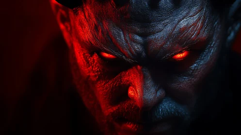 Demonic humanoid face with glowing red eyes in darkness.