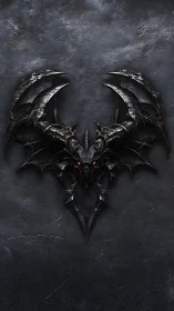 Demonic bat emblem spreads bladed wings over dark stone