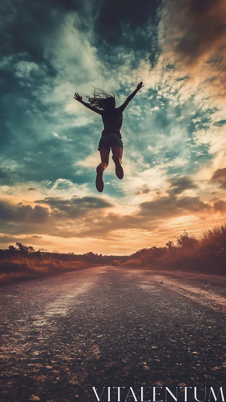 Backlit jump silhouette over rural road at cinematic sunset.
