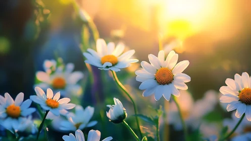 Daisy flowers in golden hour sunlight with depth of field.