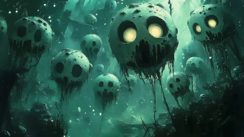 Floating skull lanterns haunt a misty deep-sea graveyard