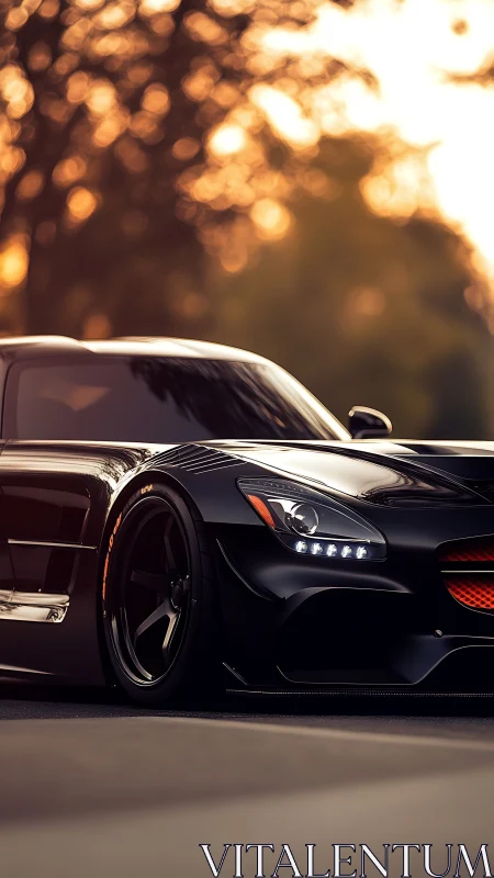 Low black sports car rests under warm sunset bokeh