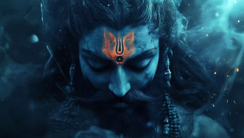 Cosmic ascetic in sapphire smoke and embered forehead sigil.