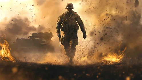 Soldier strides through battlefield fire and dust storm