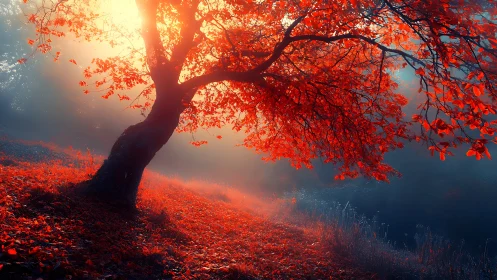 Glowing autumn tree bending gently into dreamy morning light.