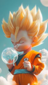 Stylized child warrior in orange suit with bubble sphere.