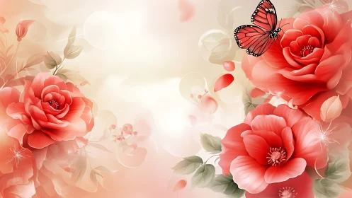 Floral composition with roses, butterfly, and soft bokeh background.