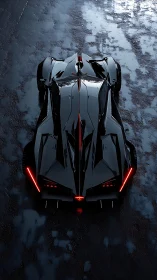 Futuristic black supercar on wet asphalt, top view.