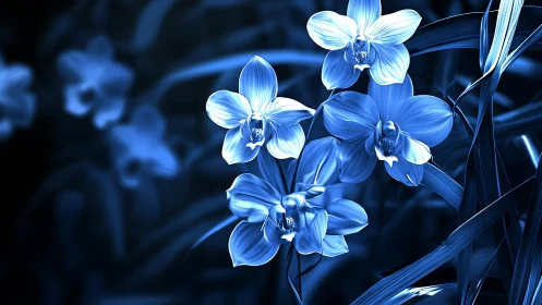 Bioluminescent blue orchids rendered in high-contrast digital realism
