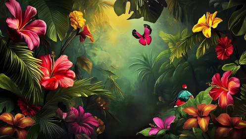 Vibrant tropical hibiscus and orchid flowers in misty jungle canopy with butterflies