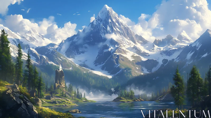 Snow-capped mountain range above lake and conifer forest.