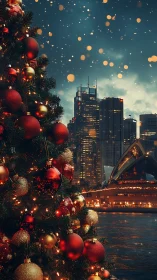 Christmas tree lights glow against festive Sydney skyline.