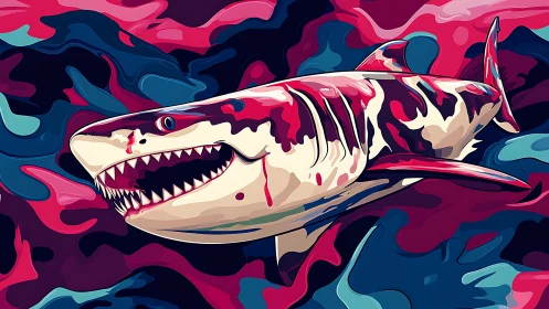 Vector-rendered shark occupies abstract multicolored background