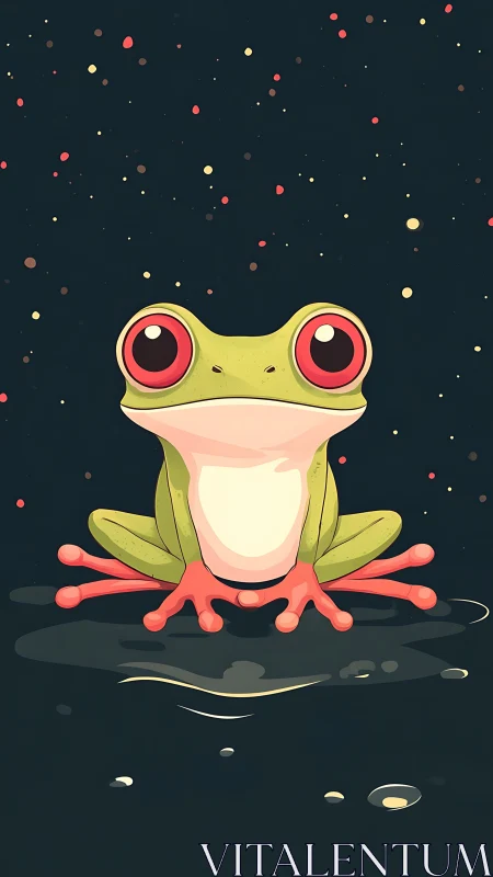 Bright eyed cartoon frog relaxing under a starry sky.