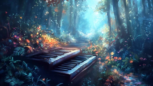 Piano keyboard sections lie embedded in a luminous forest path