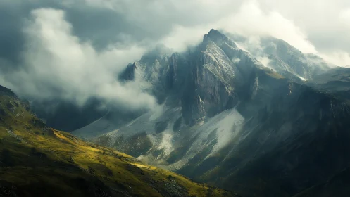 Dramatic rocky mountains rising through low heavy clouds.