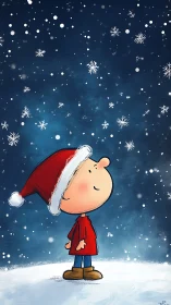 Cartoon child in red coat observing falling snowflakes.