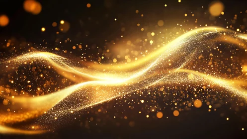 Glowing Golden Light Waves with Sparkling Particles, Abstract Art.