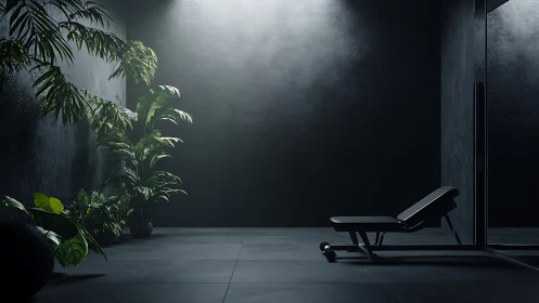 Minimalist dark home gym with bench and indoor plants.