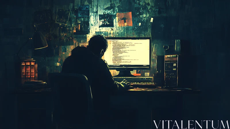 Solitary developer in dim cyberpunk workspace coding at night