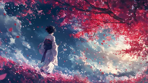 Solitary figure in kimono under dense red blossom canopy.