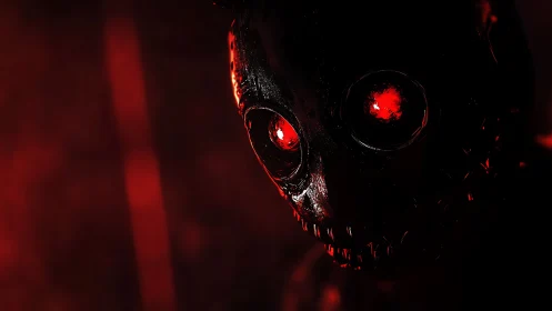 Glimmering red-eyed creature leans from shadowy darkness