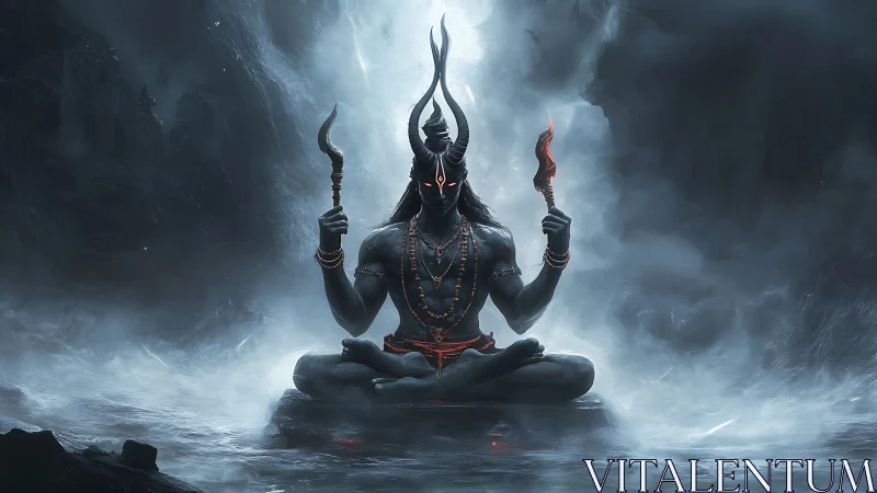 Horned deity figure sits in mist holding two burning tridents