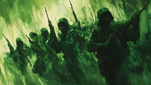 Green tactical squad advancing through abstract battlefield.