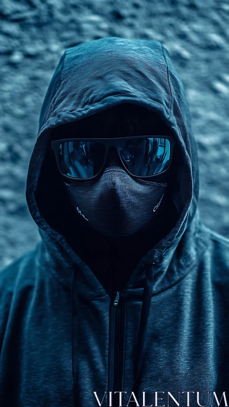 Hooded masked figure in dark sunglasses stands in blue light.