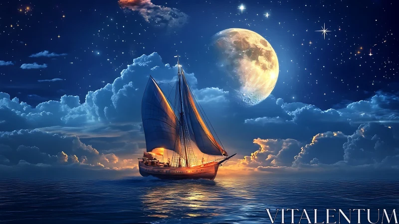 Sailing vessel under full moon in luminous night seascape.
