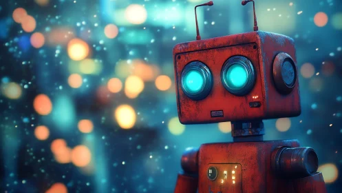 Rusty red robot with glowing blue eyes in soft bokeh city.
