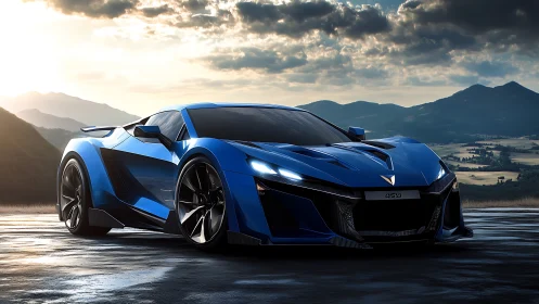 Blue futuristic sports car parked on wet mountain overlook