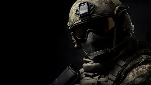 Tactical operator in low key lighting with digital camo and headset