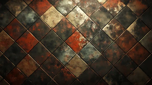 Rustic diamond metal tiles form distressed industrial grid.
