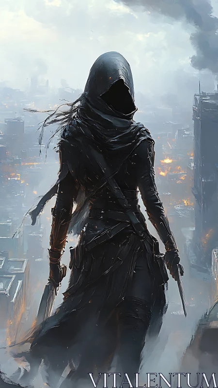 Hooded urban wraith stalking through a smoldering skyline.
