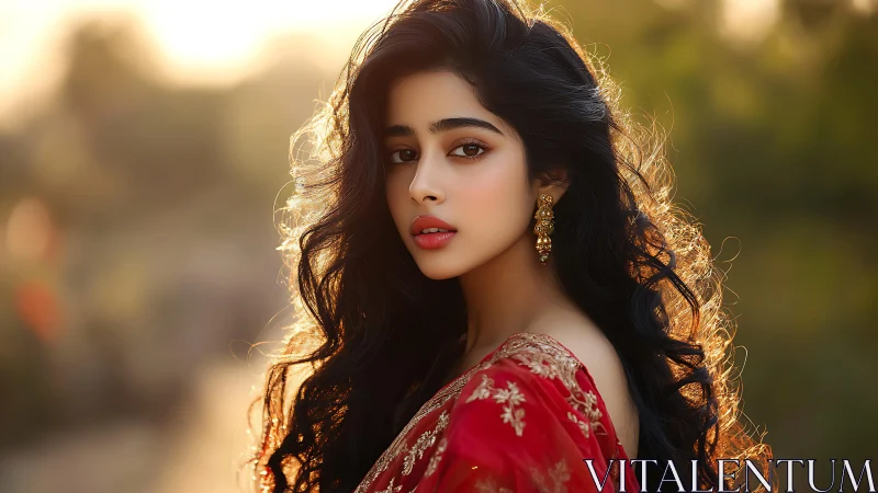 Soft golden sunlight frames a graceful woman in red silk