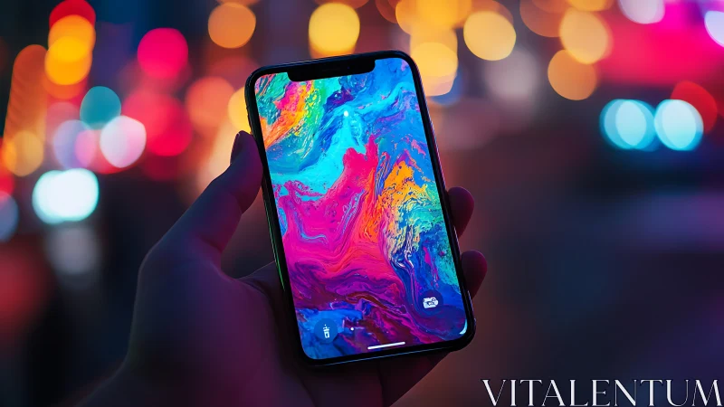 Smartphone display glows with neon abstract gradient bokeh.