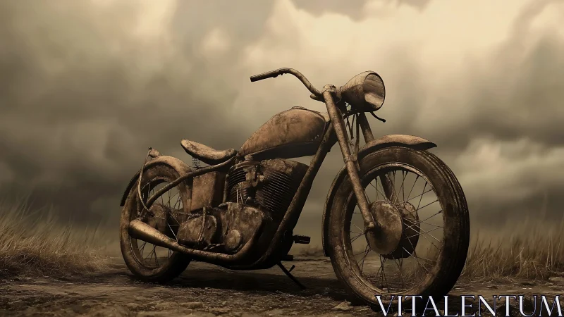 Rustic vintage motorcycle under brooding storm sky.