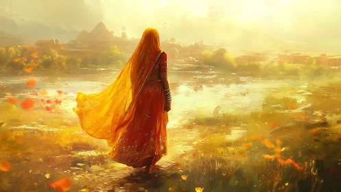 Sunlit sari traveler wandering toward a distant golden city.